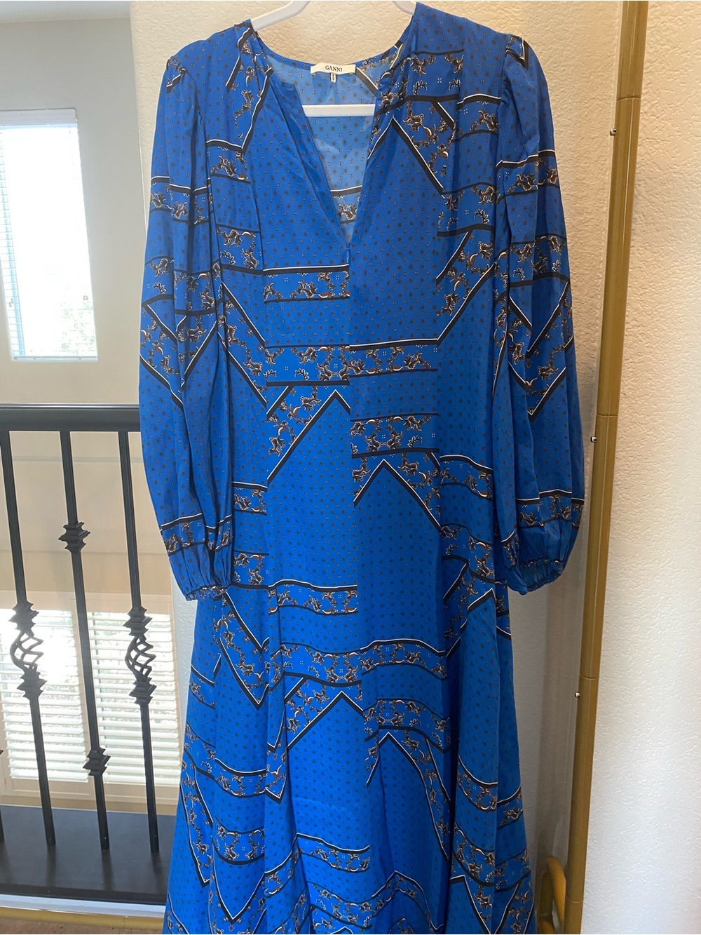 Ganni Royal Blue Printed Long-Sleeve Midi Dress